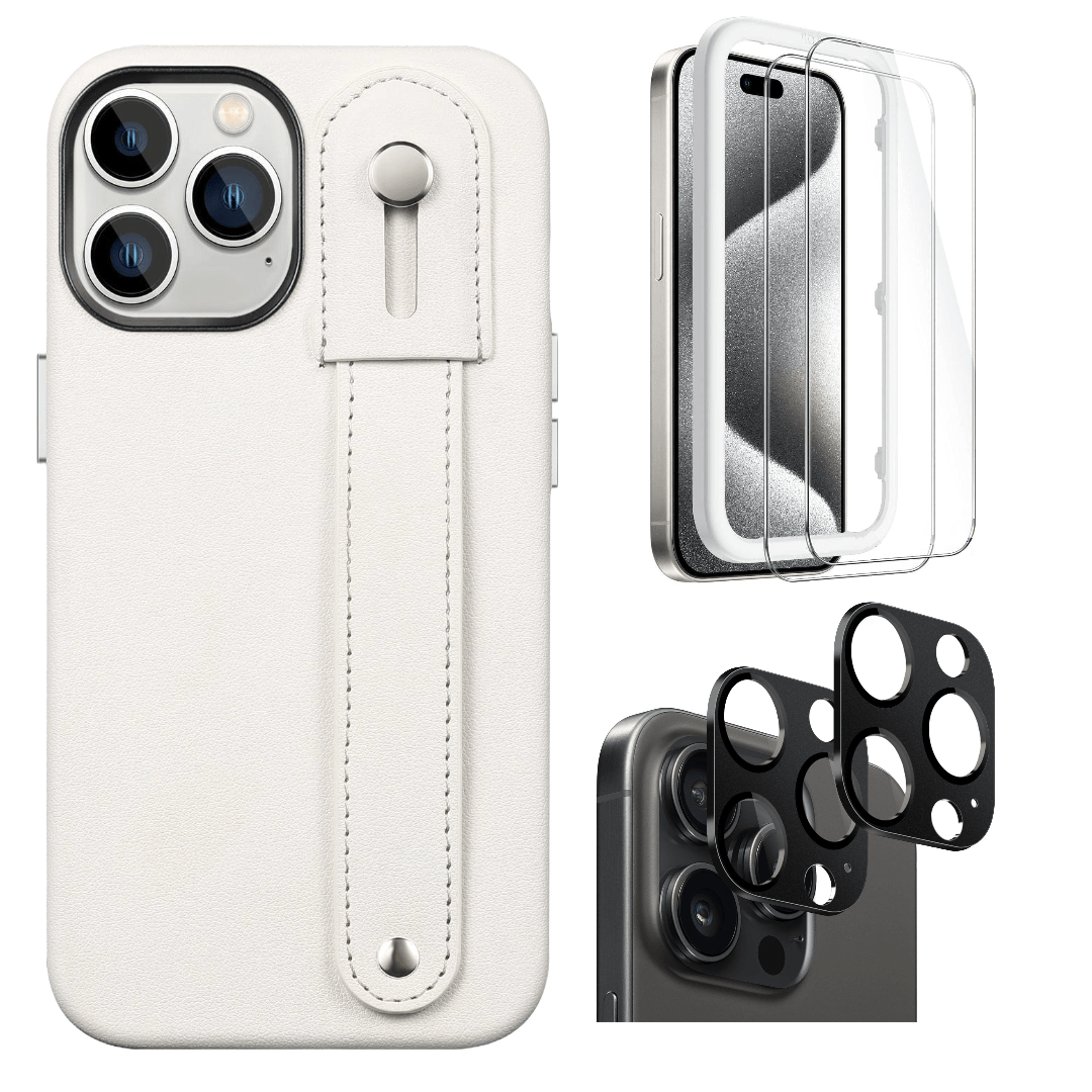 Protection Kit Bundle - Genuine Leather FingerGrip Case with Tempered Glass Screen and Camera Protector for iPhone 15 Pro Max - White