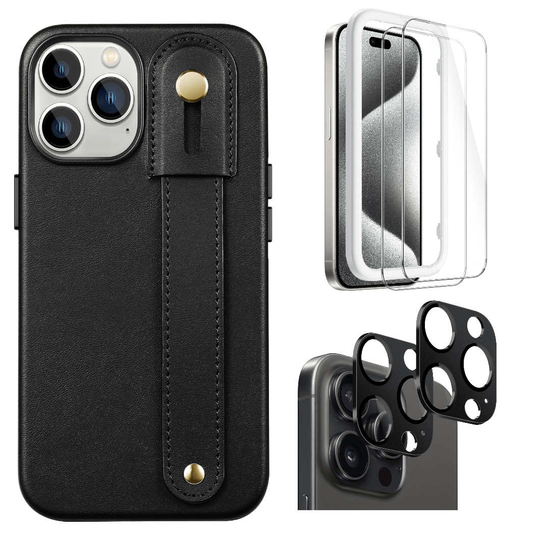 Protection Kit Bundle - Genuine Leather FingerGrip Case with Tempered Glass Screen and Camera Protector for iPhone 15 Pro Max - Black