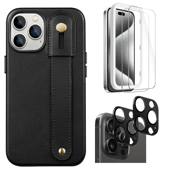 Apple iPhone 15 Pro Max Protection Kit Bundle - Genuine Leather FingerGrip Series Case with MagSafe and Tempered Glass Screen and Camera Protector - Black