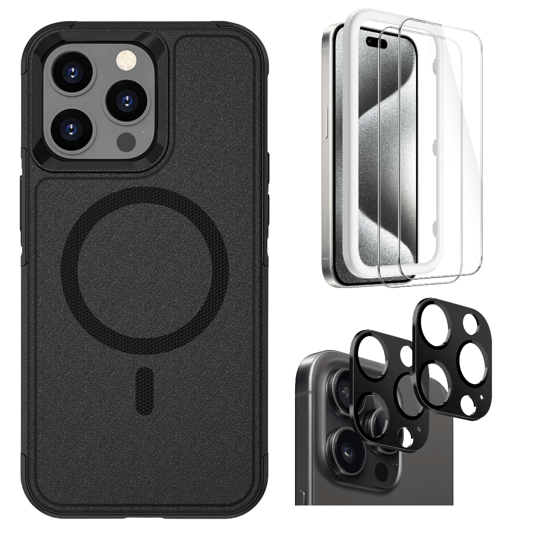 Protection Kit Bundle - Armor Series Hard Shell Case with Tempered Glass Screen and Camera Protector for iPhone 15 Pro Max - Black