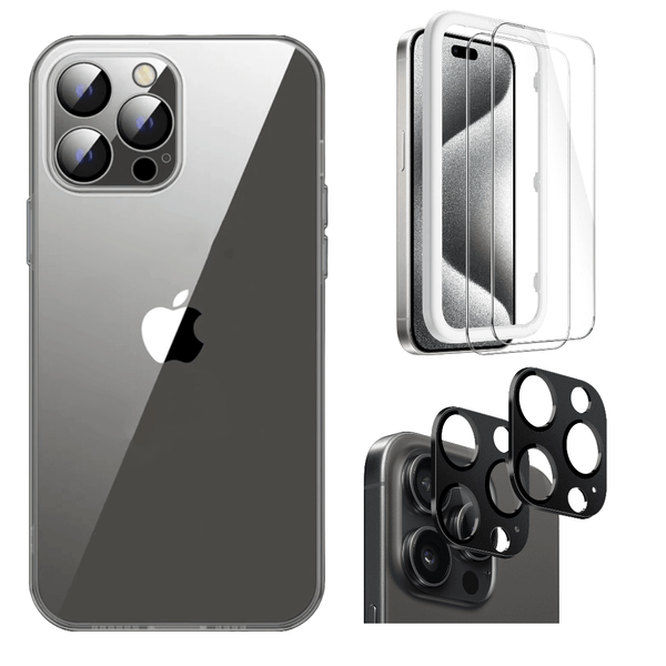 Apple iPhone 15 Pro Protection Kit Bundle - Hybrid-Flex Ultra Thin Case with Tempered Glass Screen and Camera Protector - Clear Black