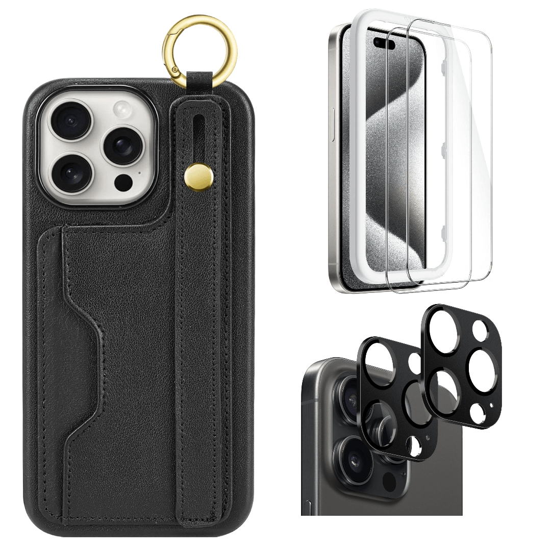 Protection Kit Bundle - Genuine Leather FingerGrip Series Case with Tempered Glass Screen and Camera Protector for iPhone 15 Pro Max - Black