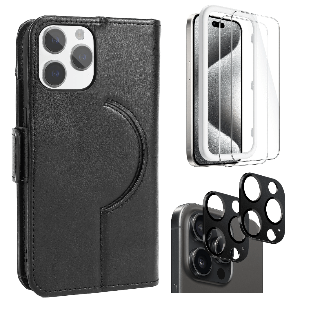 Protection Kit Bundle - Genuine Leather Wallet Case with Tempered Glass Screen and Camera Protector for iPhone 15 Pro Max - Black