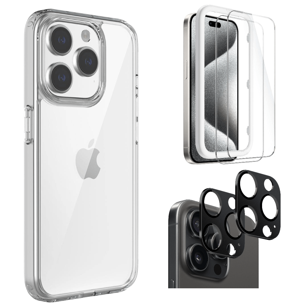 Protection Kit Bundle - Hybrid-Flex Hard Shell Case with Tempered Glass Screen and Camera Protector for iPhone 15 Pro Max - Clear