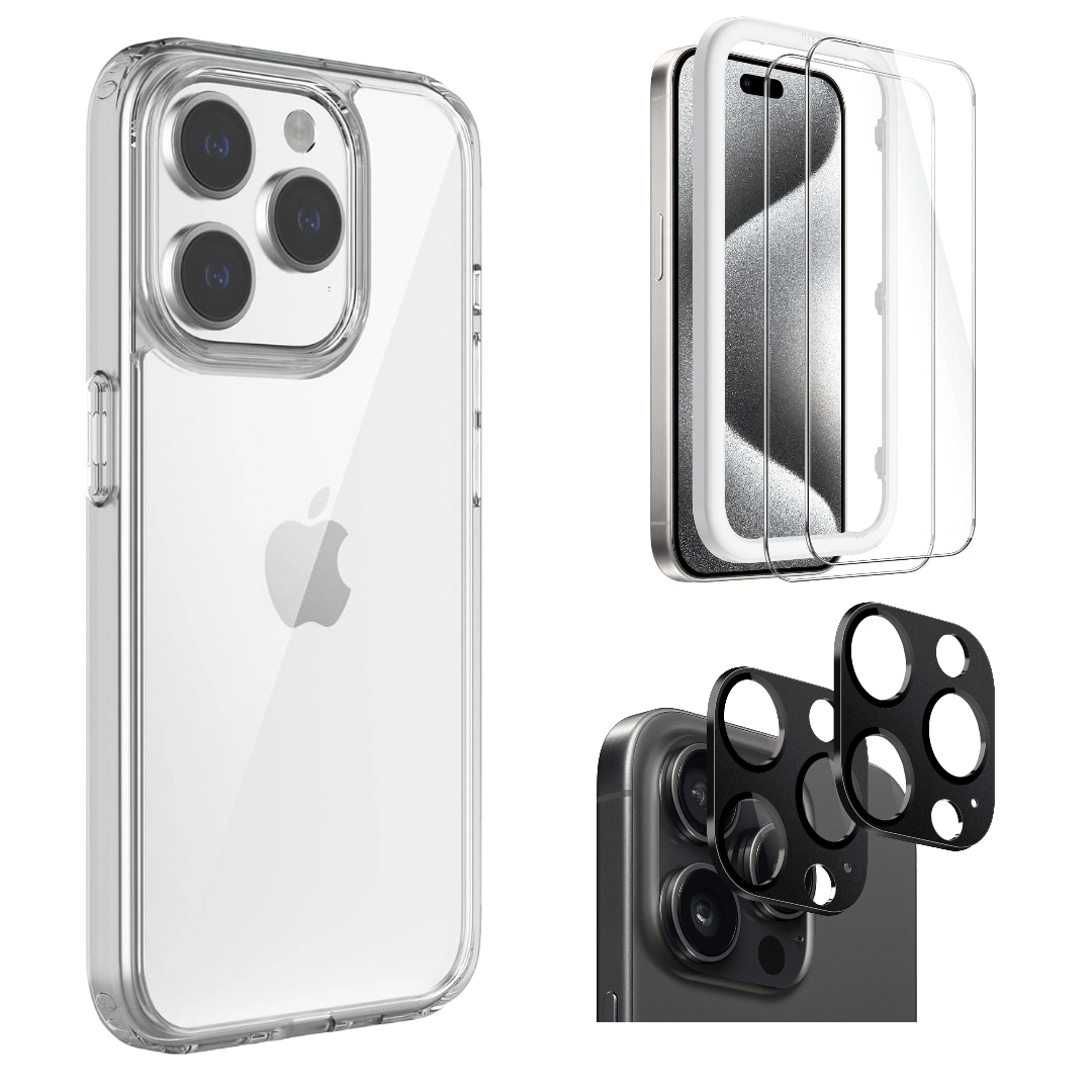 Protection Kit Bundle - Hybrid-Flex Hard Shell Case with Tempered Glass Screen and Camera Protector for iPhone 15 Pro - Clear