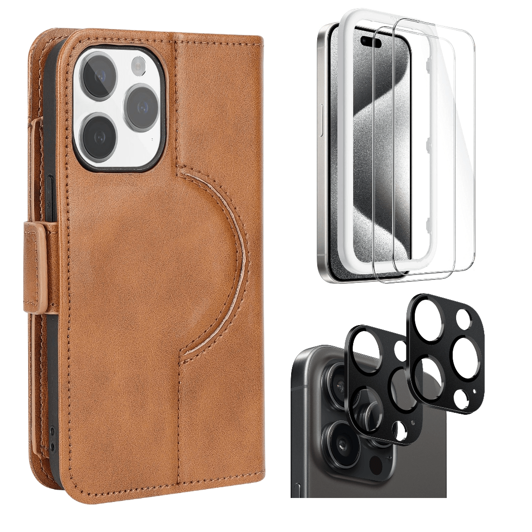 Protection Kit Bundle - Genuine Leather Wallet Case with Tempered Glass Screen and Camera Protector for iPhone 15 Pro Max - Brownk