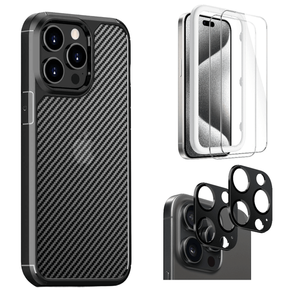 Apple iPhone 15 Pro Max Protection Kit Bundle - Anti-Slip Series Case with Tempered Glass Screen and Camera Protector - Black