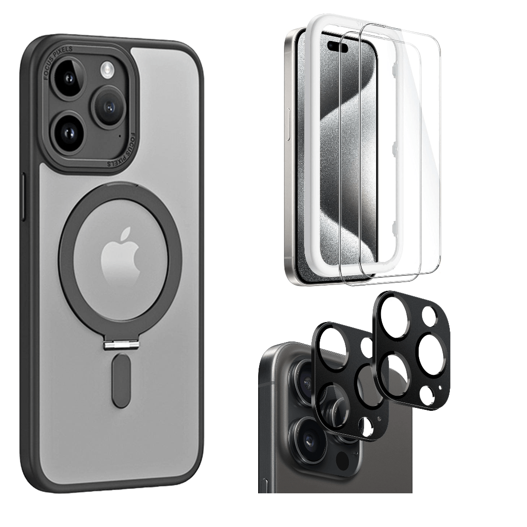 Protection Kit Bundle - Hybrid-Flex Kickstand Case with Tempered Glass Screen and Camera Protector for iPhone 15 Pro Max - Clear Black