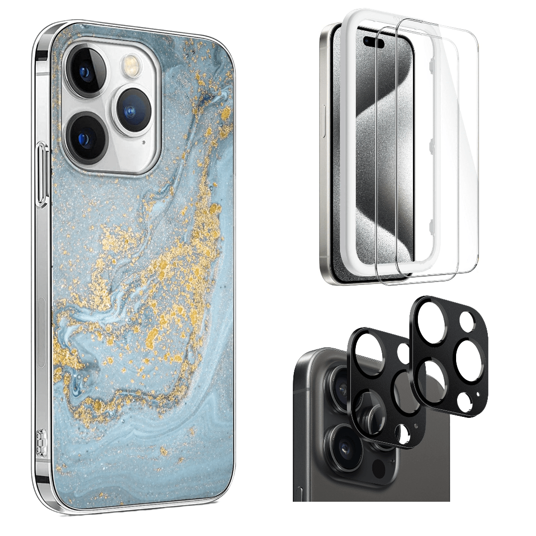 Protection Kit Bundle - Blue Marble Case with Tempered Glass Screen and Camera Protector for iPhone 15 Pro Max
