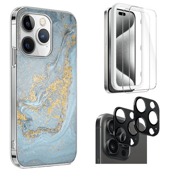 Apple iPhone 15 Pro Max Protection Kit Bundle - Marble Series Case with MagSafe and Tempered Glass Screen and Camera Protector - Blue Marble