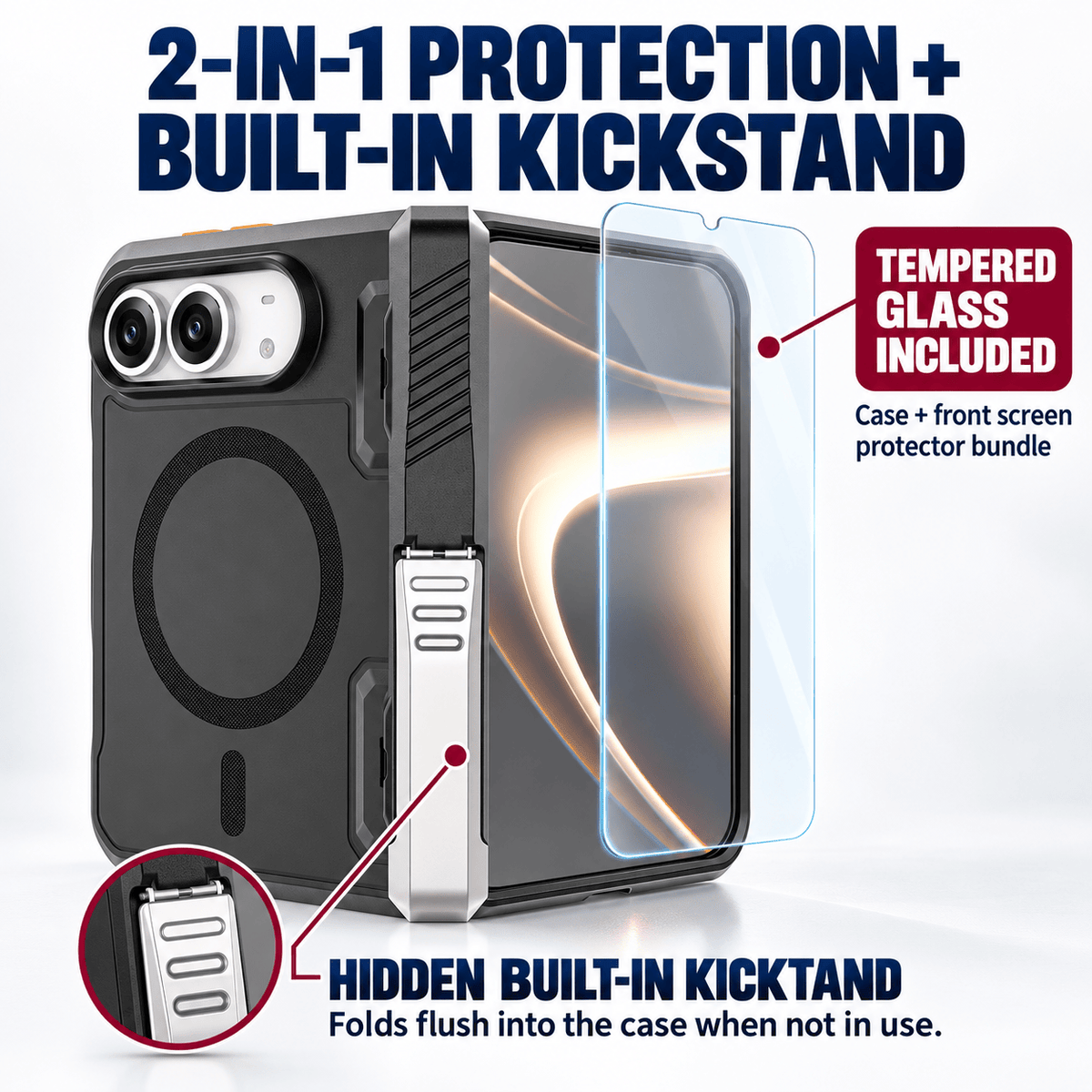 iPhone Duo Case with Screen Protector - Magnetic Kickstand & Hinge Protection | Raider Series