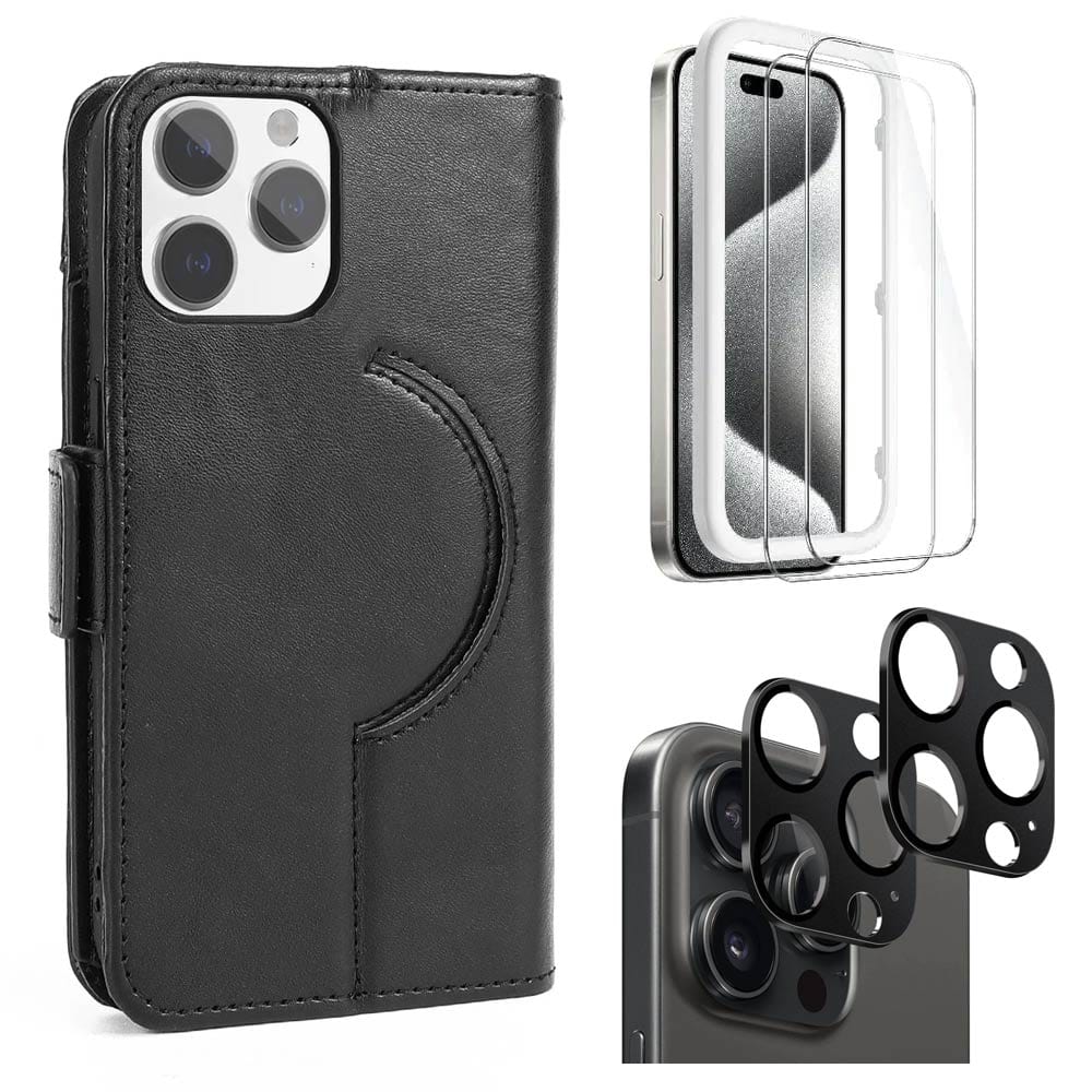 Indy Series Leather Wallet MagSafe Case with Screen and Camera Protector - iPhone 15 Pro Max