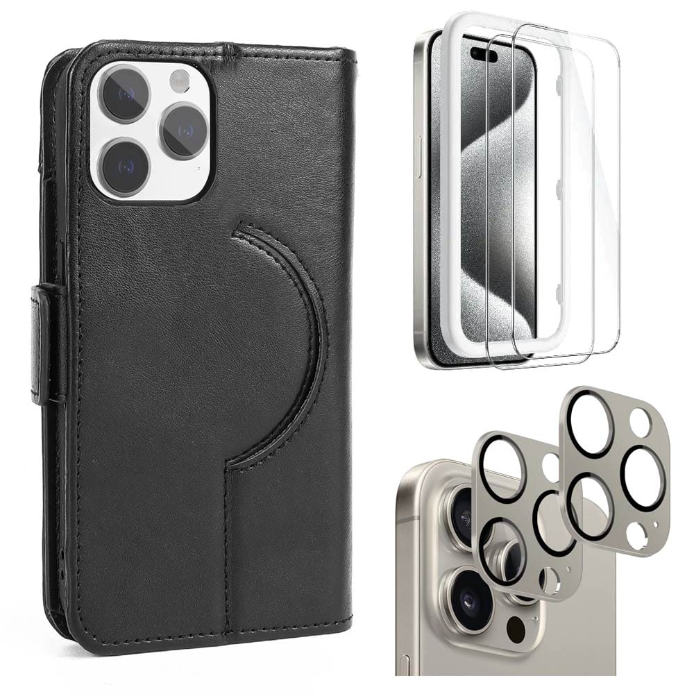 Genuine Leather Folio Wallet Case with Screen and Camera Protector - iPhone 15 Pro Max