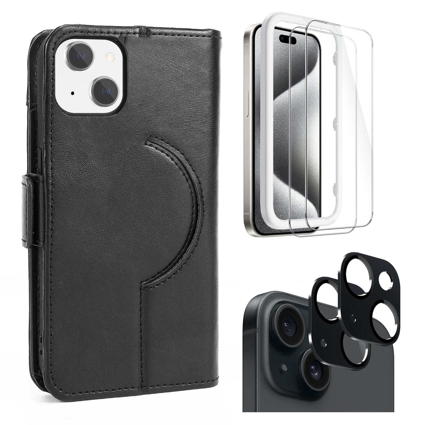 Indy Series Leather Wallet MagSafe Case with Screen and Camera Protector - iPhone 15 Plus