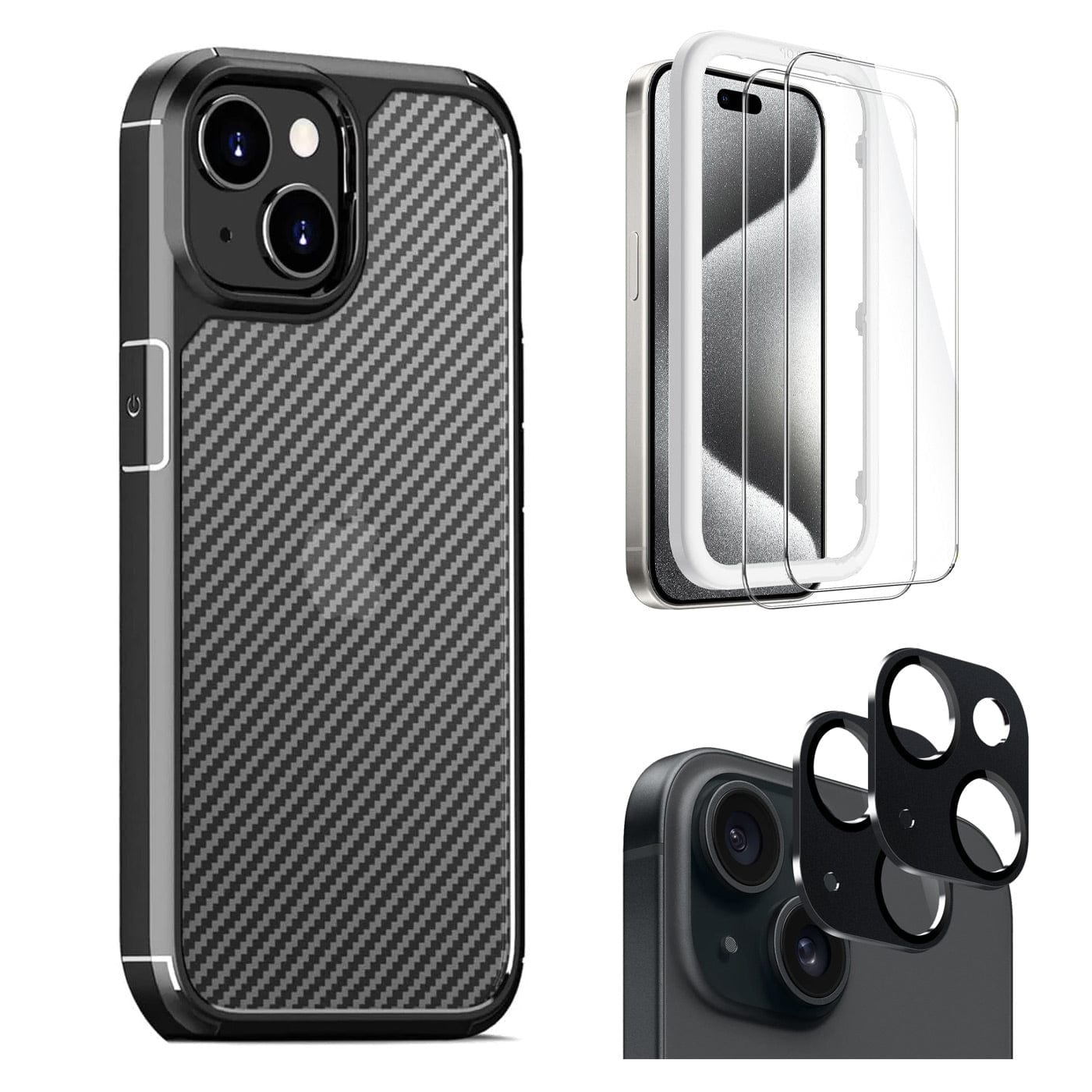 Venture Series Carbon-Fiber Style Case with Screen and Camera Protector - iPhone 15