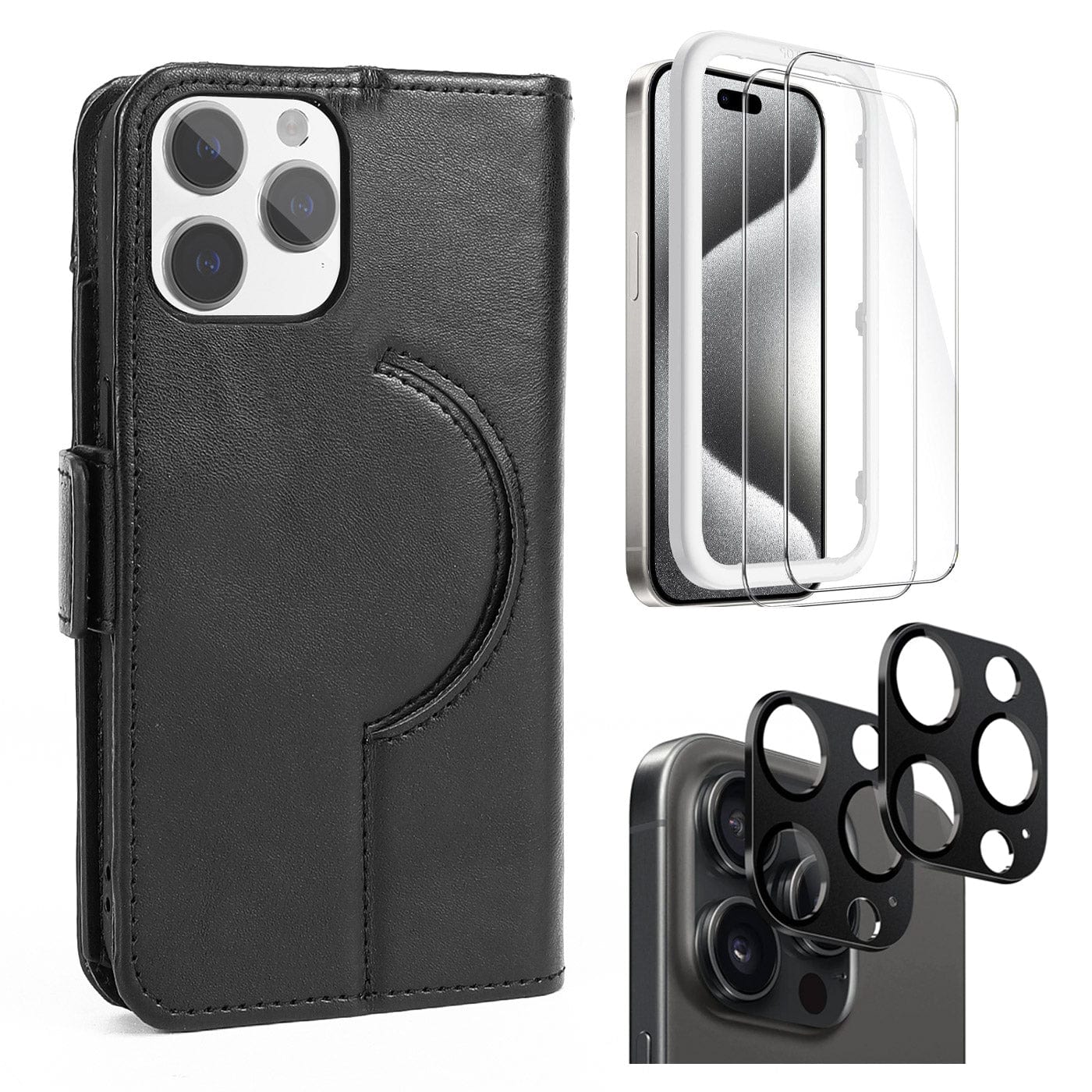 Indy Series Leather Wallet MagSafe Case with Screen and Camera Protector - iPhone 15 Pro