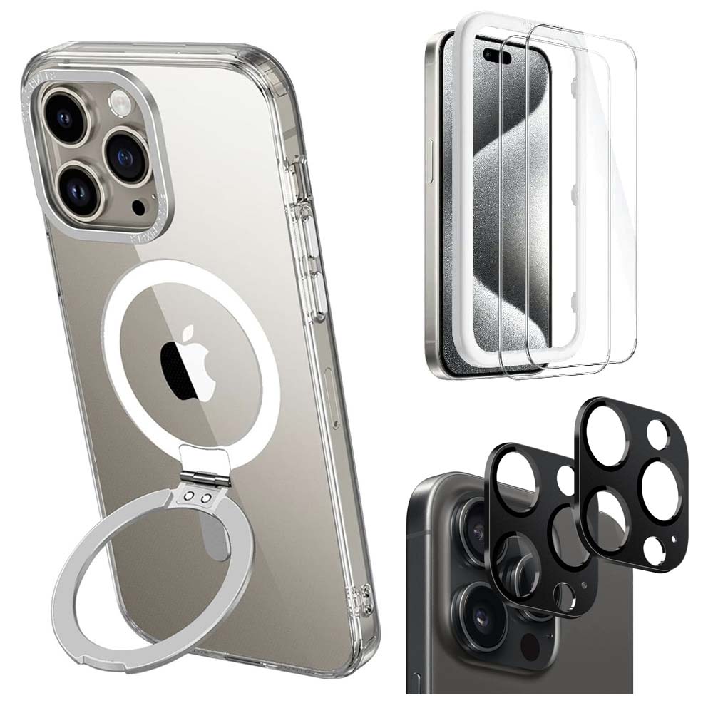Clear Hybrid-Flex Kickstand Case with Screen and Camera Protector - iPhone 15 Pro Max
