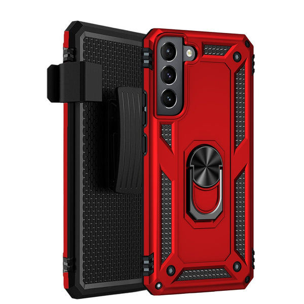 Military Kickstand Series Case with Belt Clip for Galaxy S22 - Red