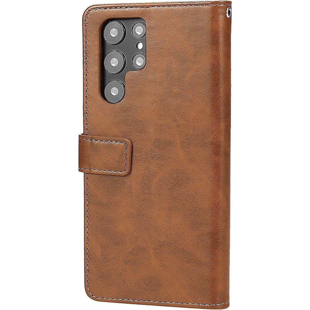 Genuine Leather Folio Wallet Case for Samsung Galaxy S23 Ultra - Brown
