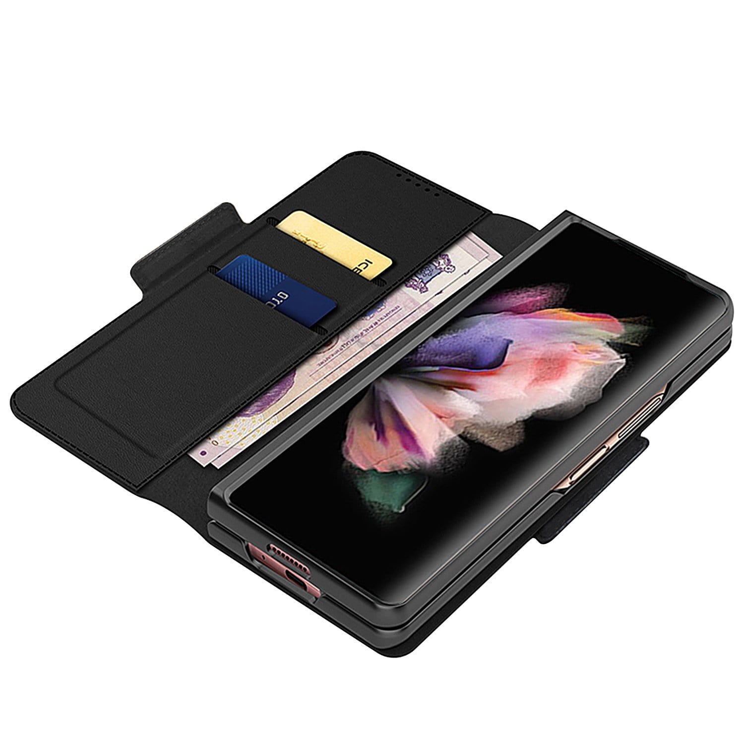 Leather Folio Wallet Case for Samsung Galaxy Z Fold 3 5G (Fold3)  - Black