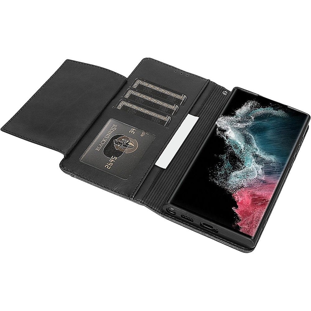 Genuine Leather Folio Wallet Case for Samsung Galaxy S23 Ultra - Black