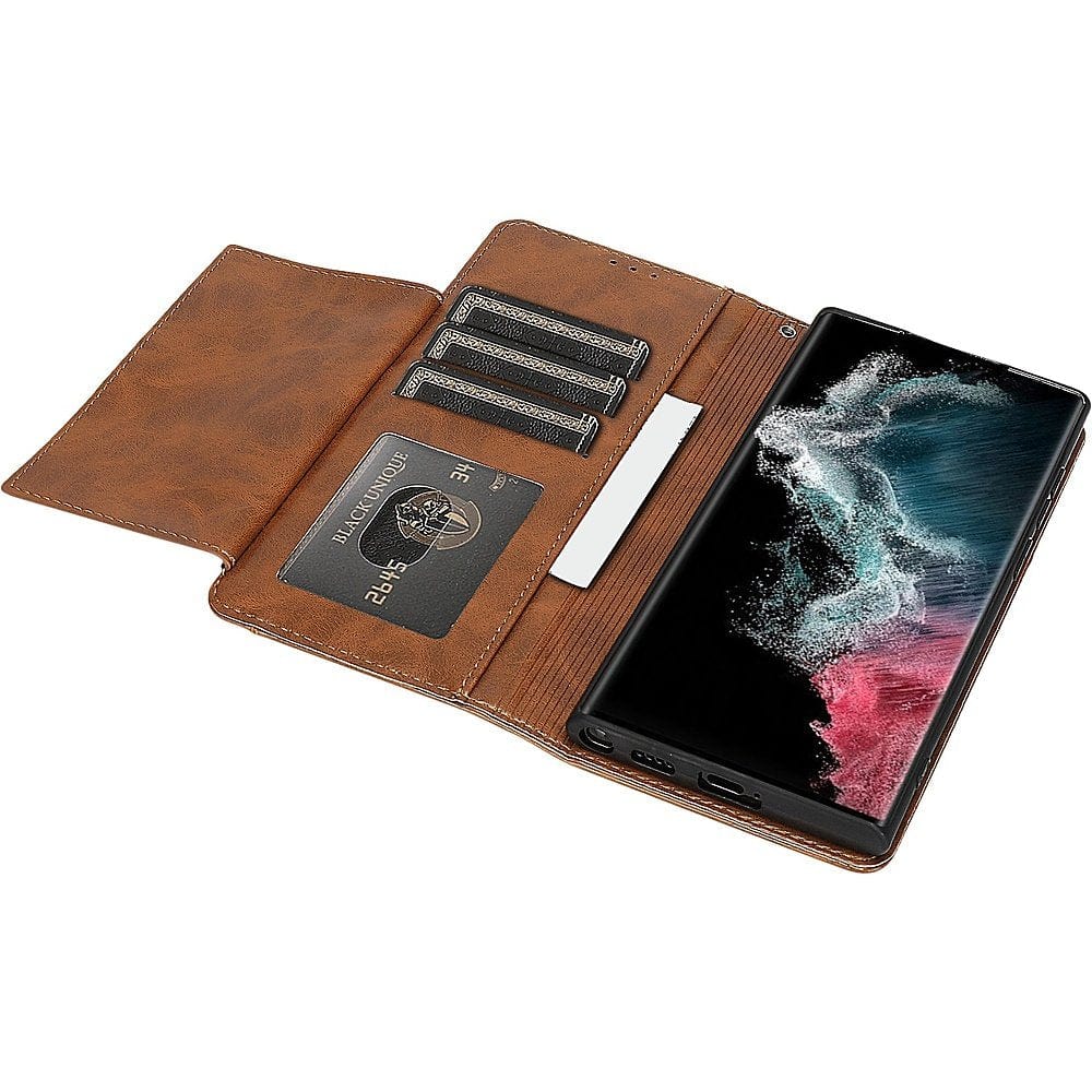 Genuine Leather Folio Wallet Case for Samsung Galaxy S23 Ultra - Brown