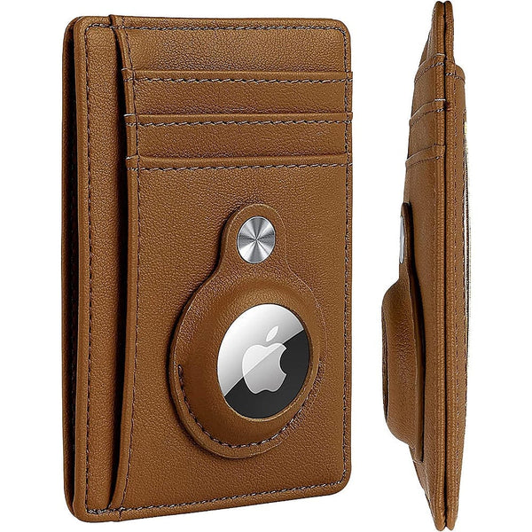 Slim Genuine Leather Wallet Case for Apple AirTag - Brown